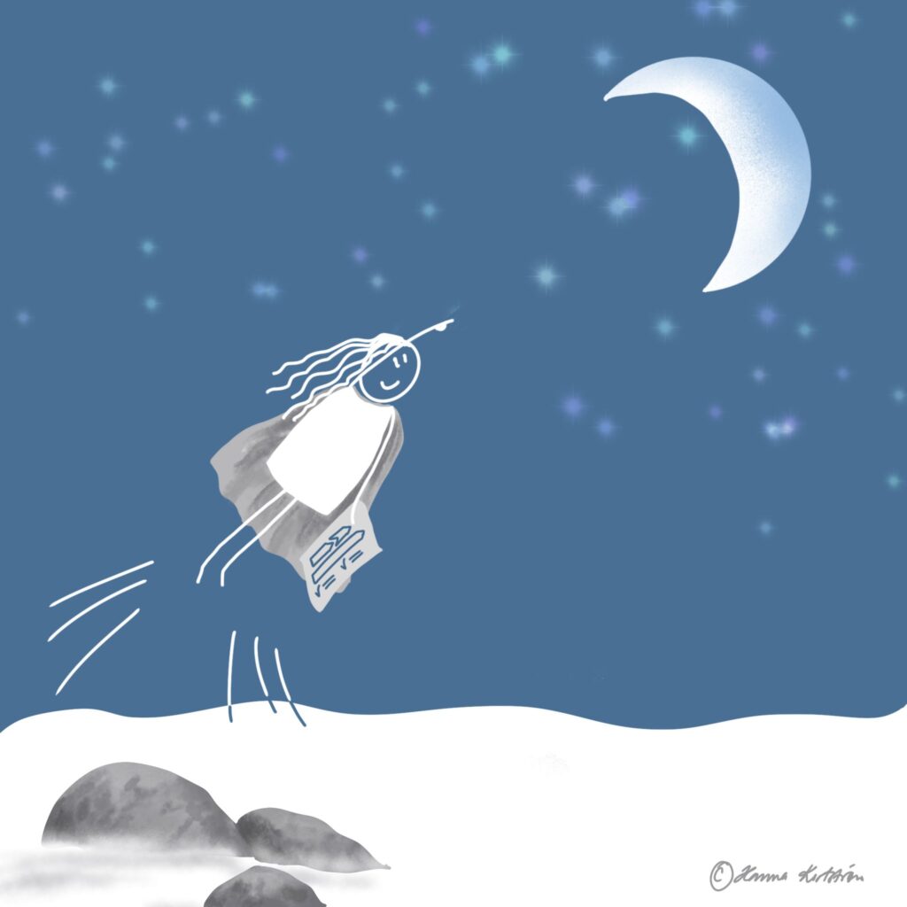 Koristekuva. Nainen löytänyt supervoimansa ja matkalla viitta selässään kuuhun.