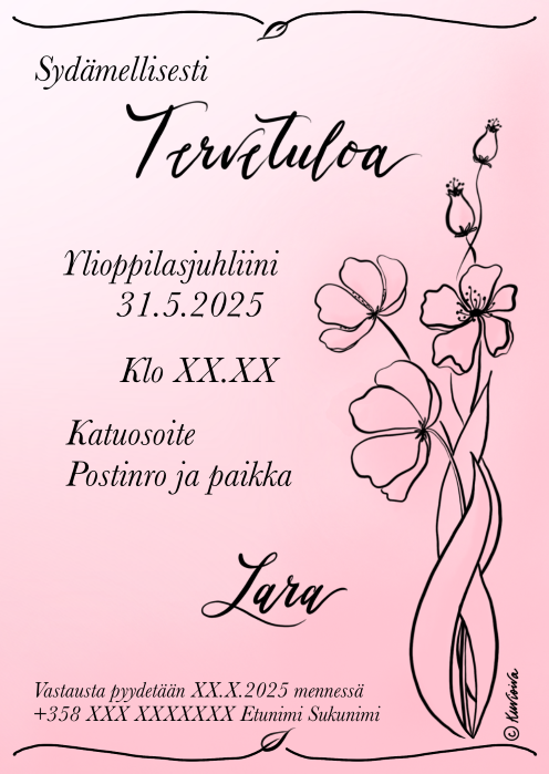 Kutsukortti Yo-juhliin. Tausta vaaleanpunainen liukuväri, tekstissä tervetuloa ja nimi modernilla kalligrafialla. 