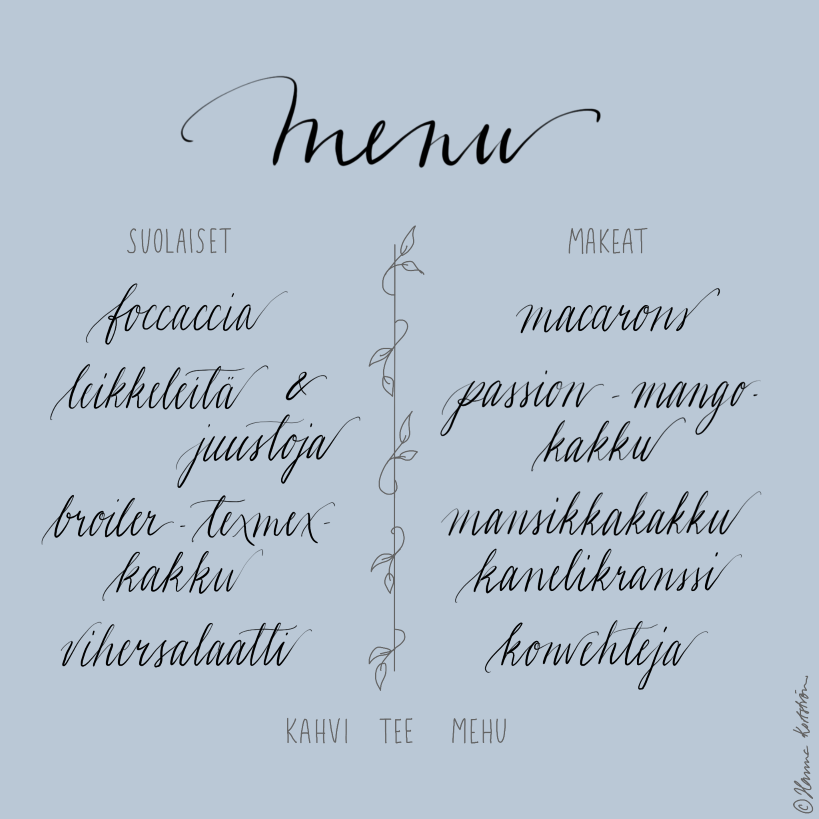 Esimerkki Menusta. Otsikkona Menu, vasemmalla palstalla suolaiset ja oikealla makeat tarjottavat lueteltuna. Siniharmaa pohja, ruokalajien tekstit kalligrafialla mustalla.