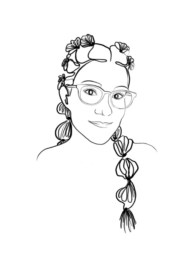 Mustavalkoinen muotokuva viivapiirroksena. Nainen jolla on kaksi kuplalettiä päässä sekä silmälasit.